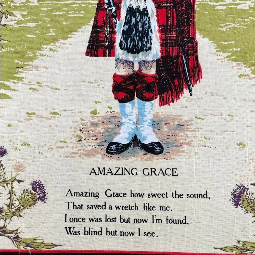 Scotland Tea Towel Wall Hanging Red Black Cotton Bagpipes Amazing Grace Kilt